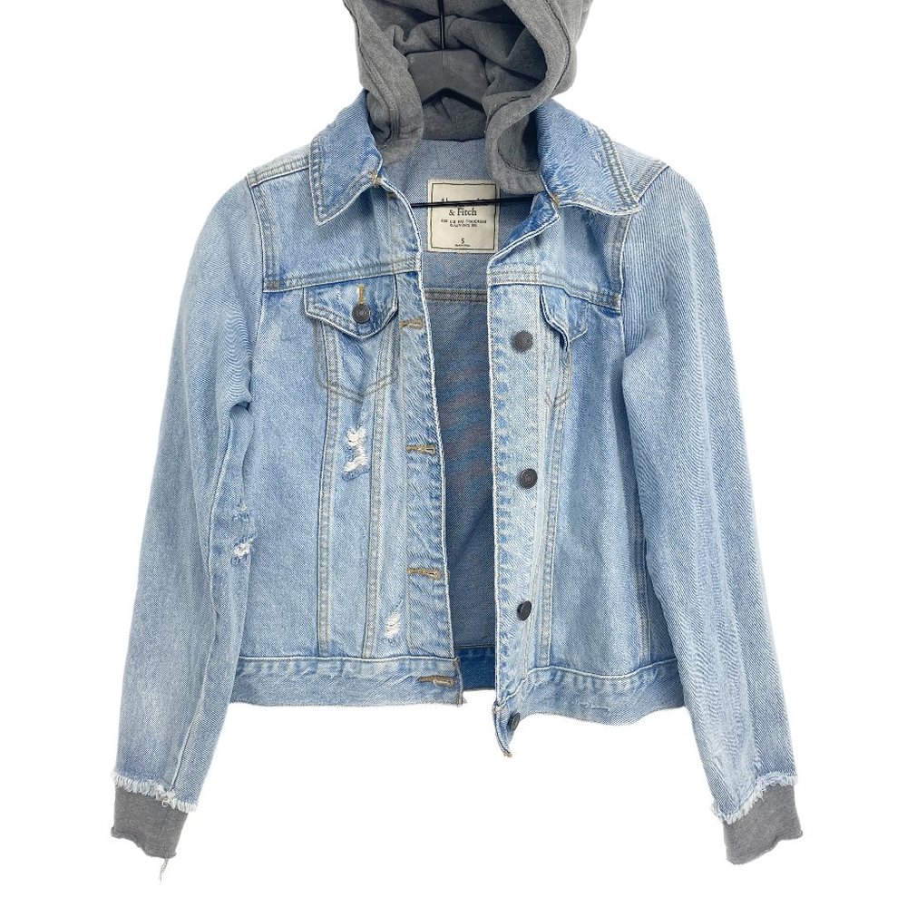 ABERCROMBIE & FITCH NEW YORK Grey Hoodie Distressed Denim Jacket Size S